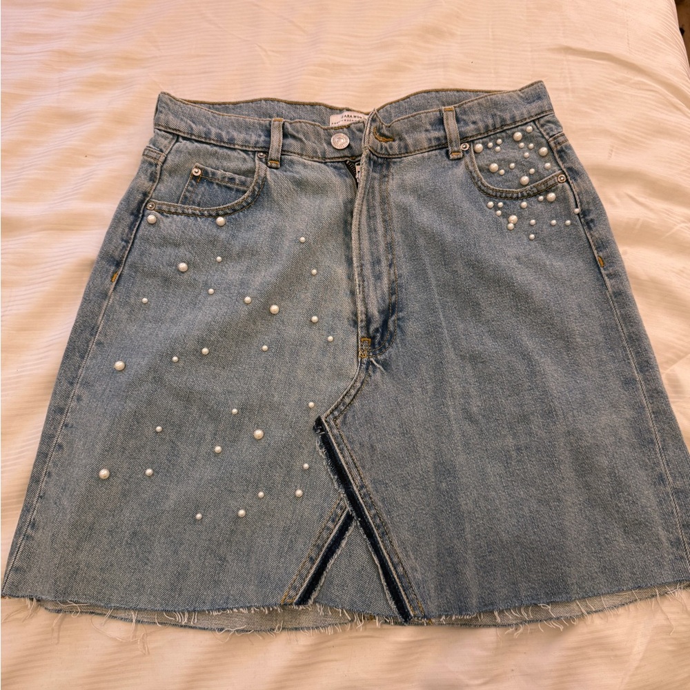 Zara Blue Denim Skirt with Pearl Details